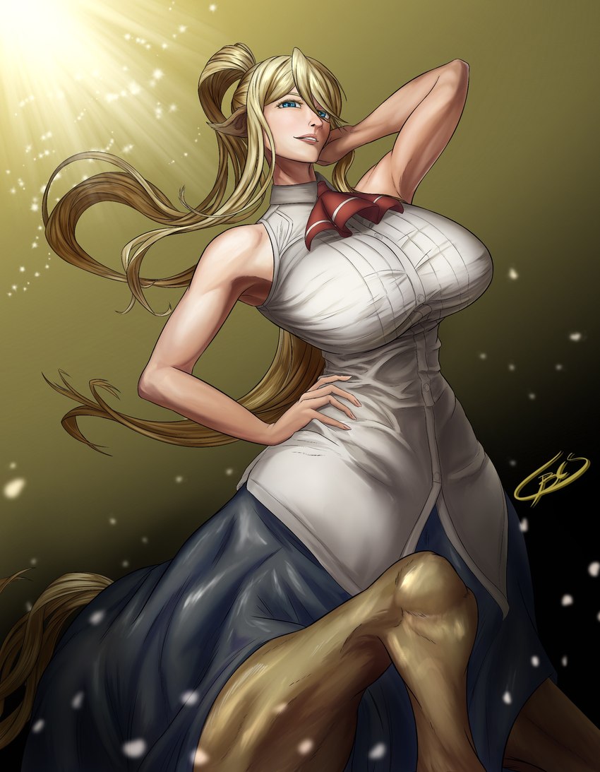 big_breasts blonde_hair breasts clothed clothing equine_ears female fully_clothed hair hand_on_hip hands_behind_head huge_breasts human_torso monster_girl_(genre) pigtails solo tight_clothing wide_hips blazing_codex european_mythology greek_mythology monster_musume mythology centorea_shianus_(monster_musume) centaur equid equid_taur humanoid_taur mammal mammal_taur taur absurd_res hi_res