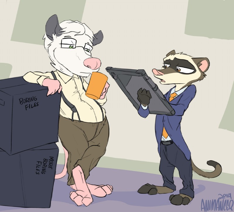 anthro business clothing duo formal male necktie office overalls slacks tablet text animancer disney zootopia dale travis_(zootopia) american_opossum black-footed_ferret mammal marsupial mustelid musteline true_musteline weasel english_text