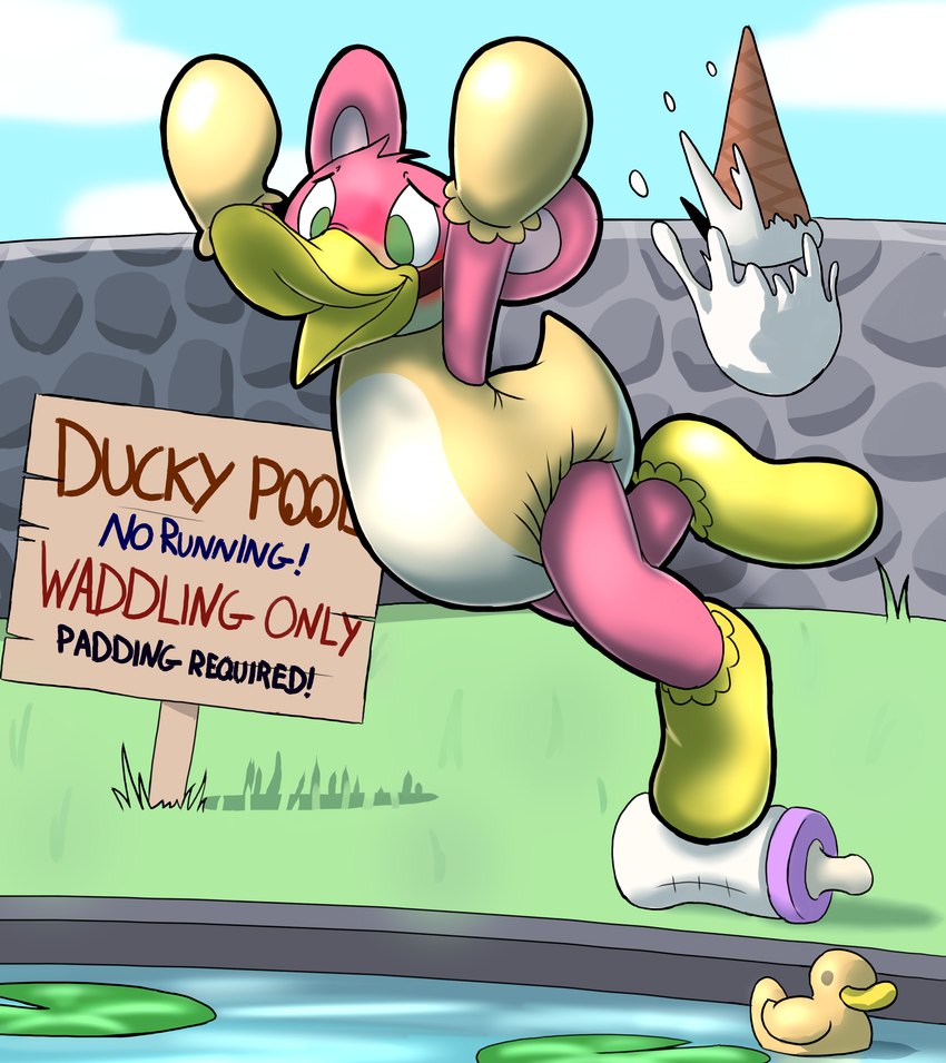 ambiguous_gender anthro beak beak_gag booties clean_diaper clothed clothing daycare diaper ducky_daycare gag handwear mitt mittens onesie solo wearing_diaper sexotheque absurd_res digital_drawing_(artwork) digital_media_(artwork) hi_res