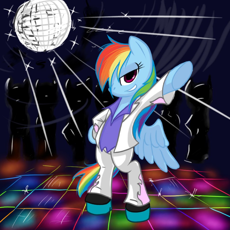 1970s anthro blue_body blue_feathers blue_fur clothing disco feathered_wings feathers female fur group hair leisure_suit multicolored_hair rainbow_hair solo_focus suit tail wings fiarel friendship_is_magic hasbro my_little_pony mythology rainbow_dash_(mlp) equid equine mammal mythological_creature mythological_equine pegasus 1:1