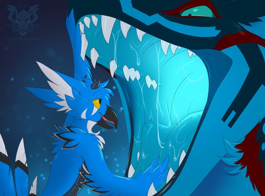 anthro bodily_fluids drooling feathers glowing imminent_vore male male/male mouth_shot open_mouth saliva teeth tongue alsnapz corriezodori haloren avian exilian felkin hi_res