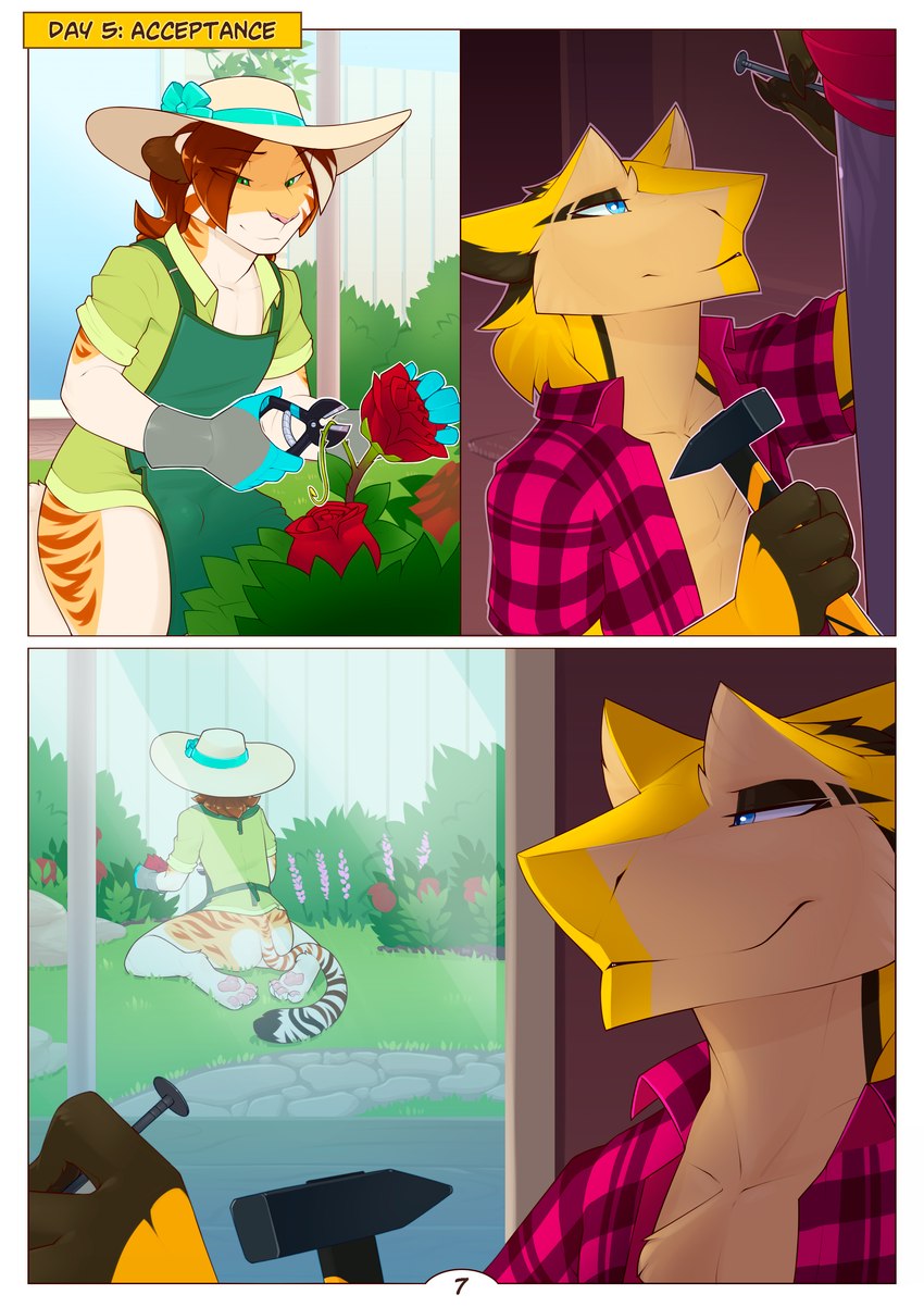 anthro barefoot blue_eyes bottomless bottomless_anthro bottomless_male brown_hair bulge butt clothed clothing countershading duo feet femboy flower garden_shears gardening hair hammer hindpaw inside kneeling lavender_(flower) looking_at_another male nail outside pattern_clothing pattern_topwear pawpads paws pink_pawpads plaid plaid_clothing plaid_topwear plant rose_(flower) shirt tail text tools topwear unbuttoned_shirt dlw anklav shiori_(anklav) felid mammal pantherine sergal tiger absurd_res comic digital_media_(artwork) english_text hi_res shaded