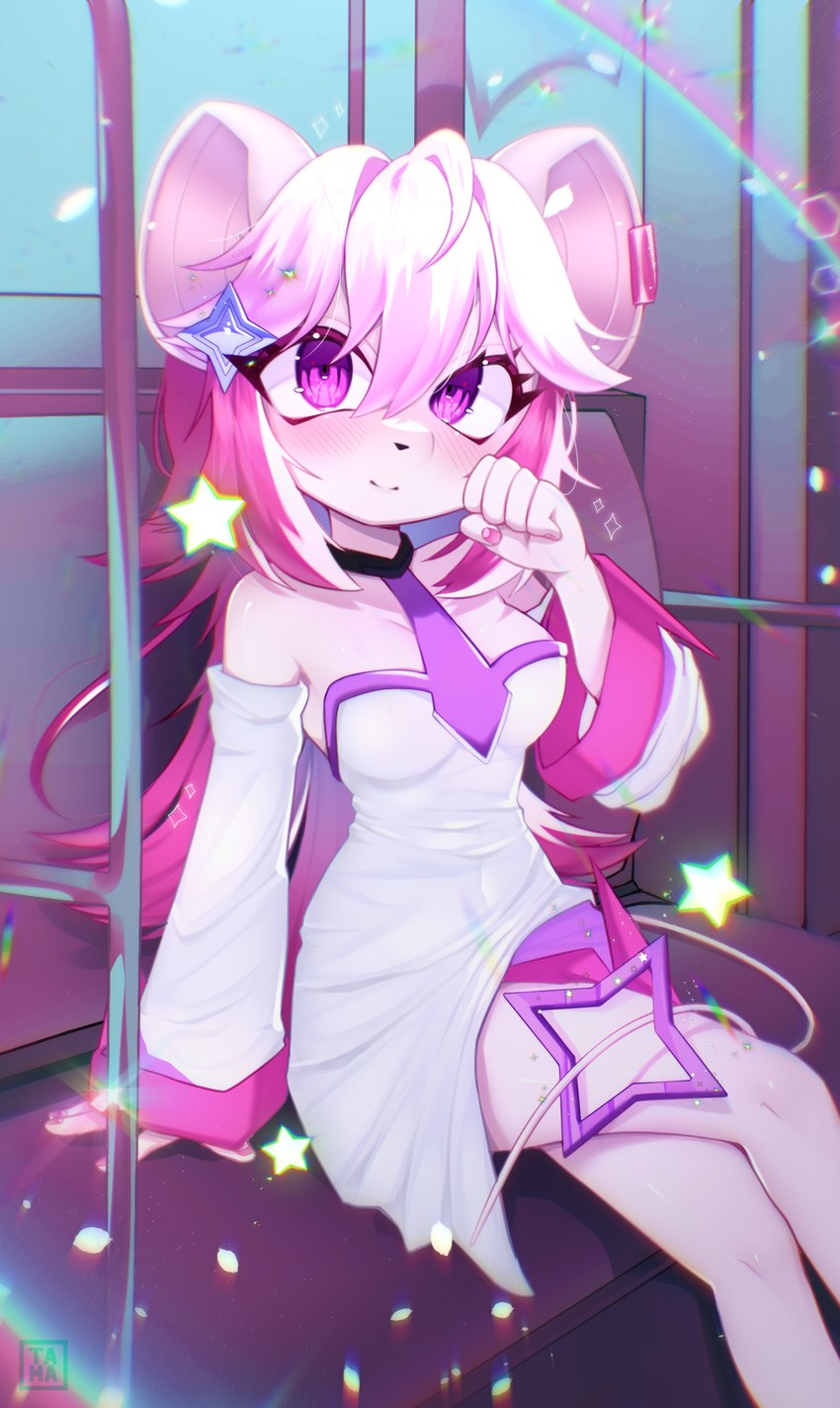 alternative_fashion anthro blush breasts clothed clothing crossed_legs cyberpop female hair j-fashion looking_at_viewer pink_hair solo existenc3 mammal mouse murid murine rodent hi_res