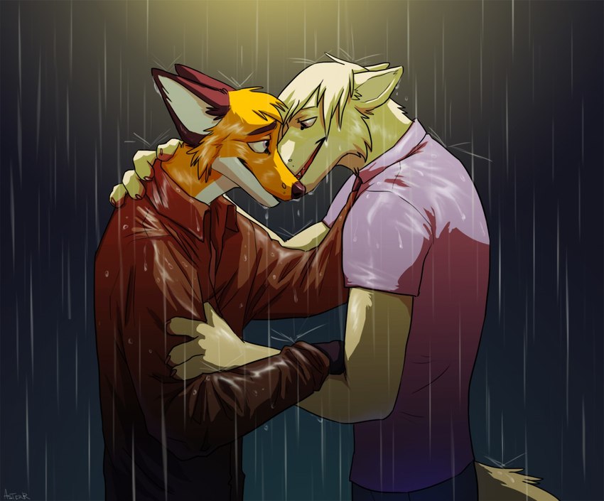 ail anthro clothing duo eye_contact hug looking_at_another male raining side_view smile standing wet wet_clothing captainskee canid canine canis dingo fox mammal