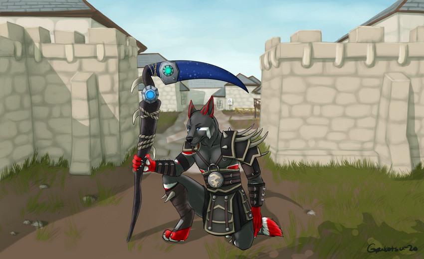 anthro armor black_body black_fur blue_eyes building claws cloud digitigrade fur fur_markings grass kneeling male markings medieval_architecture melee_weapon multicolored_body multicolored_fur multicolored_tail outside pawpads plant polearm pose red_body red_fur rope scythe solo stone_wall tail town wall_(structure) warrior weapon white_body white_fur white_pawpads gaikotsu runescape canid canine canis mammal wolf