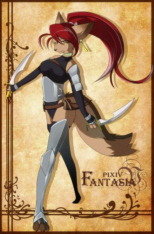 anthro armor art_nouveau brown_body brown_fur choker claws clothing corset corset_armor dagger ear_piercing emerald_(gem) female femme_fatale fur gem greaves hair holding_object holding_weapon jewelry lingerie melee_weapon necklace pauldron piercing red_hair solo tail tan_body tan_fur topwear unconvincing_armor weapon yellow_eyes kubikitsune pixiv_fantasia canid canine fox mammal hi_res