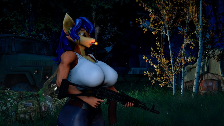 anthro automatic_weapon backpack big_breasts blue_hair bottomwear breasts butt car cigarette clothed clothing denim denim_bottomwear denim_clothing female fur gun hair holding_gun holding_object holding_ranged_weapon holding_weapon jeans pants ranged_weapon shirt smoke smoking solo t-shirt topwear vehicle weapon gomifox sly_cooper_(series) sony_corporation sony_interactive_entertainment sucker_punch_productions warfare_machine carmelita_fox warfare_carmelita canid canine fox mammal 16:9 3d_(artwork) digital_media_(artwork) hi_res widescreen