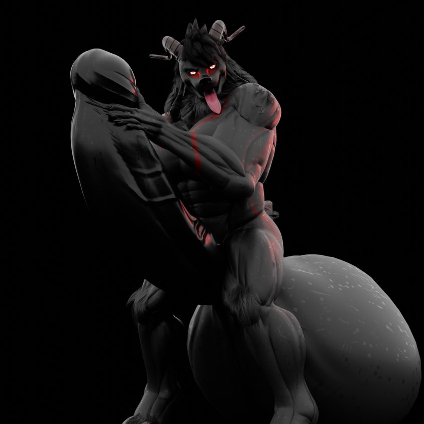 anthro balls big_balls big_penis dark_body dark_fur fur fur_markings genitals glowing glowing_eyes grey_body grey_fur huge_balls huge_penis hyper hyper_balls hyper_genitalia hyper_penis long_tongue male markings muscular muscular_anthro muscular_male penis red_markings simple_background solo tongue cassthegoat cassius_lewandowskiago 1:1 3d_(artwork) absurd_res digital_media_(artwork) hi_res