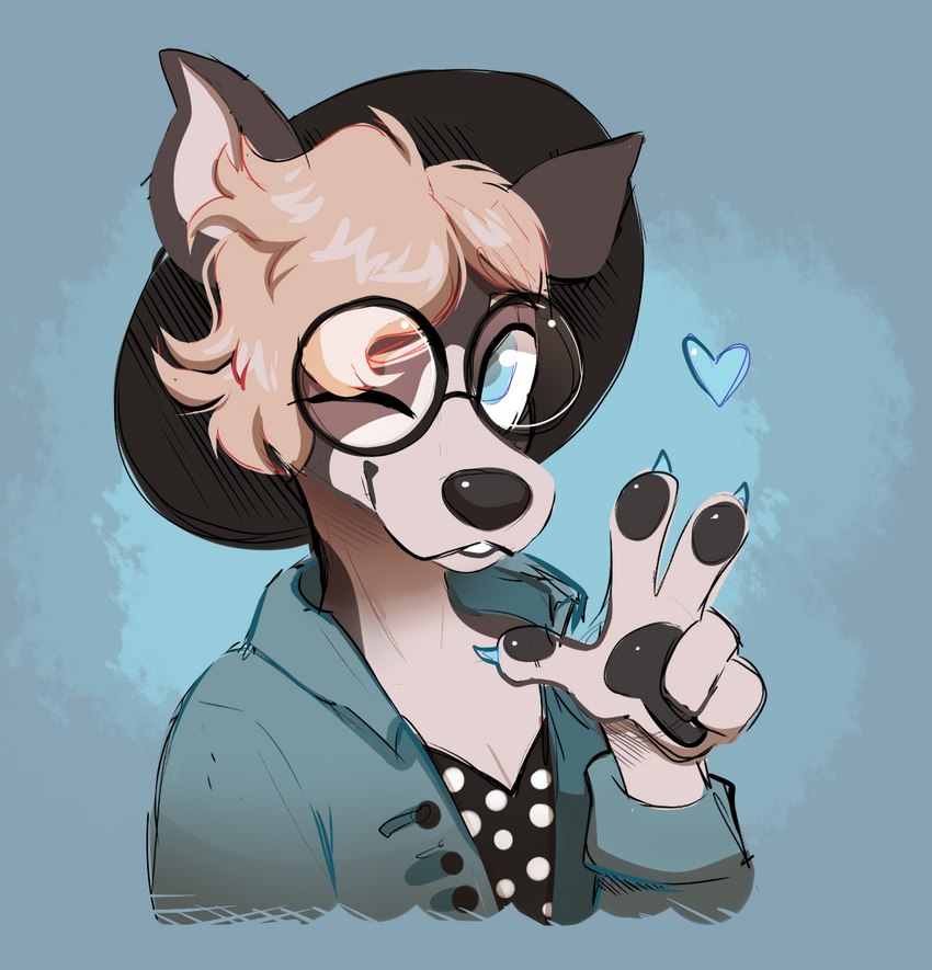 anthro eyewear female gesture glasses hand_gesture looking_at_viewer one_eye_closed solo v_sign wink winking_at_viewer olive_cow jackie_(jackiepup) canid canine canis domestic_dog husky mammal mixed_breed nordic_sled_dog pit_bull spitz hi_res