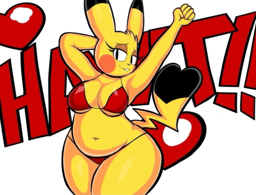 anthro anthrofied belly bikini breasts cleavage clothed clothing female navel pokemorph slightly_chubby solo suggestive_pose swimwear two-piece_swimsuit blackmore nin10doh! nintendo pokemon cosplay_pikachu_(character) generation_1_pokemon pikachu pokemon_(species) absurd_res hi_res