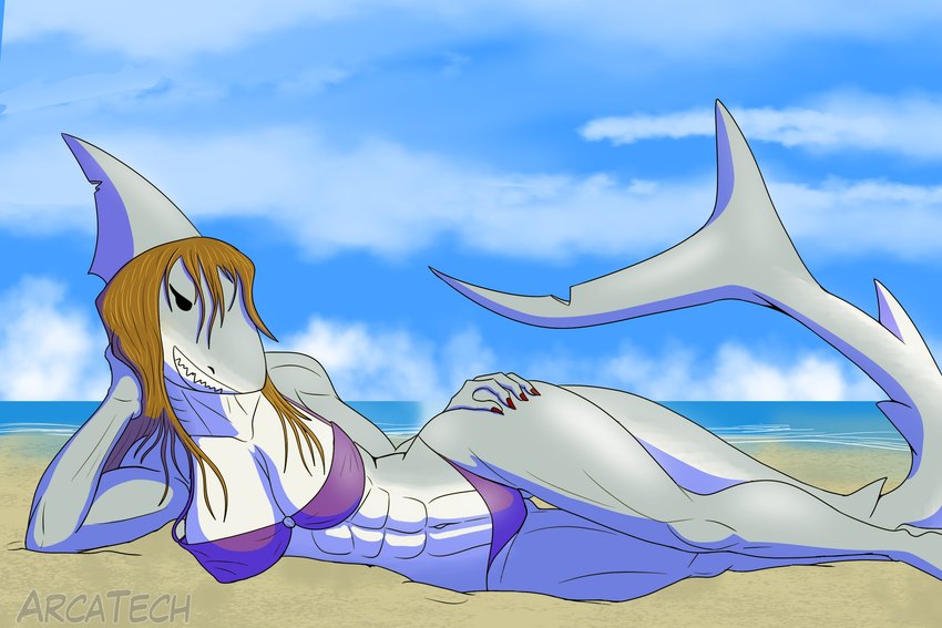 abs anthro beach bikini breasts clothed clothed_anthro clothed_female clothing female fin lying on_side sharp_teeth solo swimwear tail teeth two-piece_swimsuit arcatech elena_sharptooth fish marine shark cel_shading digital_drawing_(artwork) digital_media_(artwork) full-length_portrait hi_res portrait shaded