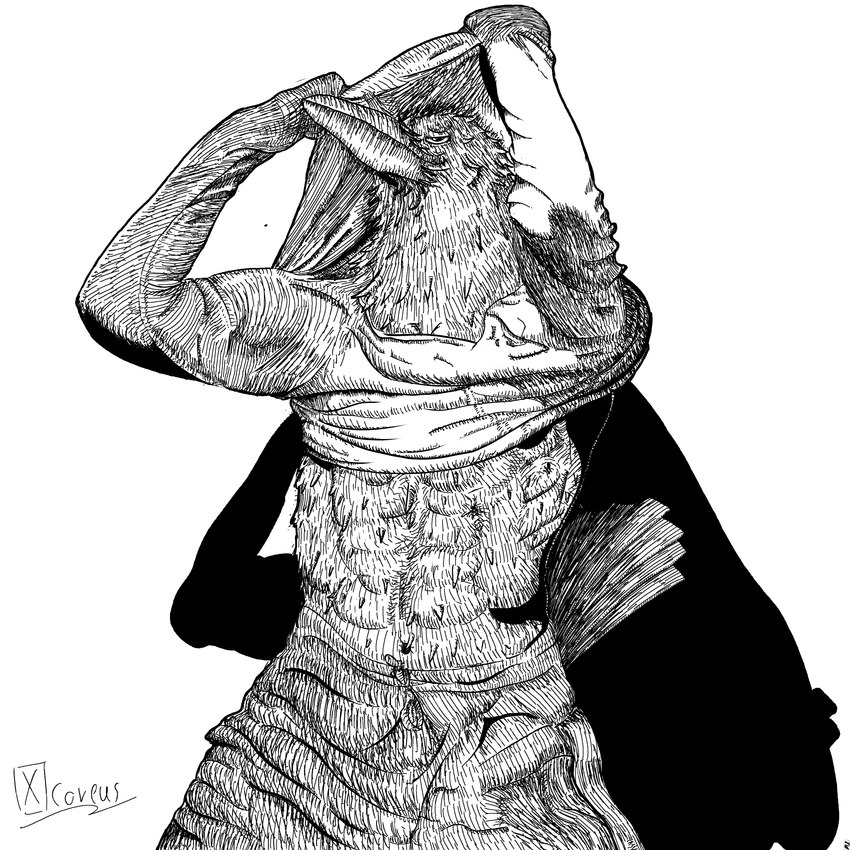 anthro clothing male muscular pulling_shirt sexy_eyes shadow shirt simple_background tail topwear xcoreus avian bird corvid corvus_(genus) crow oscine passerine 1:1 absurd_res black_and_white comic detailed hi_res line_art monochrome shaded signature