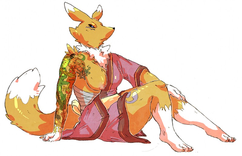 anthro asian_clothing biped breasts clothing east_asian_clothing female japanese_clothing kimono looking_at_viewer nipples overweight overweight_anthro overweight_female sitting solo tattoo opblaaskrokodil bandai_namco digimon digimon_(species) renamon