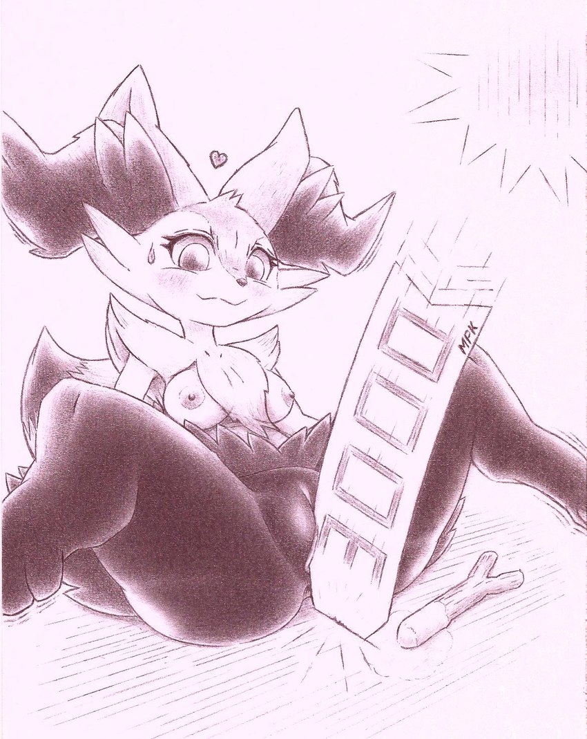 anthro anus breasts female genitals pussy simple_background solo fullfolka nintendo pokemon braixen canid generation_6_pokemon mammal pokemon_(species) hi_res monochrome