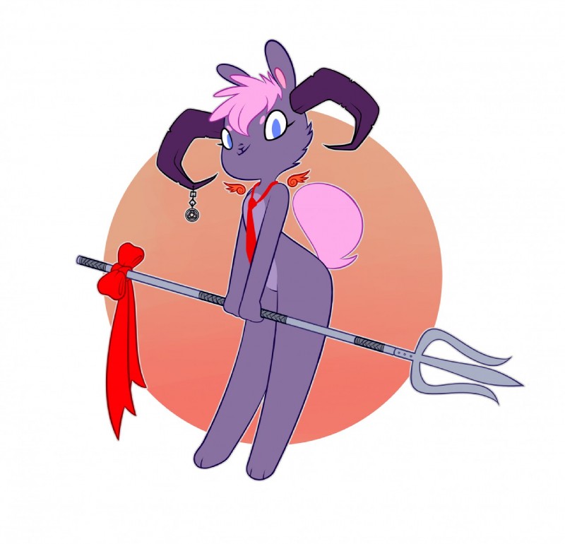 anthro bow_trident female hair horn melee_weapon necktie nude pink_hair polearm solo trident weapon wings caffeinerabbit demon lagomorph leporid mammal rabbit hi_res