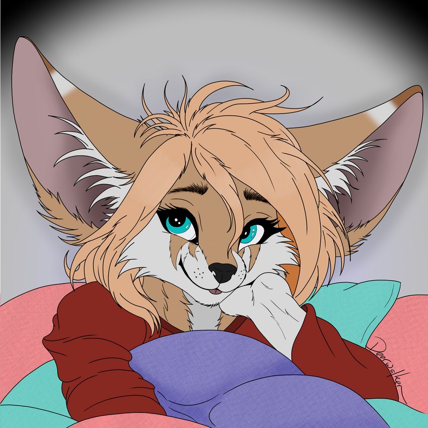 anthro big_ears blep blonde_hair blue_eyes clothing female freckles fur hair head_on_hand hug hugging_object hugging_pillow inner_ear_fluff looking_at_viewer lying on_front pillow simple_background smile smiling_at_viewer solo sweater tan_body tan_fur tongue tongue_out topwear tuft deerwalker dracony_windfall canid canine fennec_fox fox mammal true_fox 1:1 flat_colors hi_res line_art