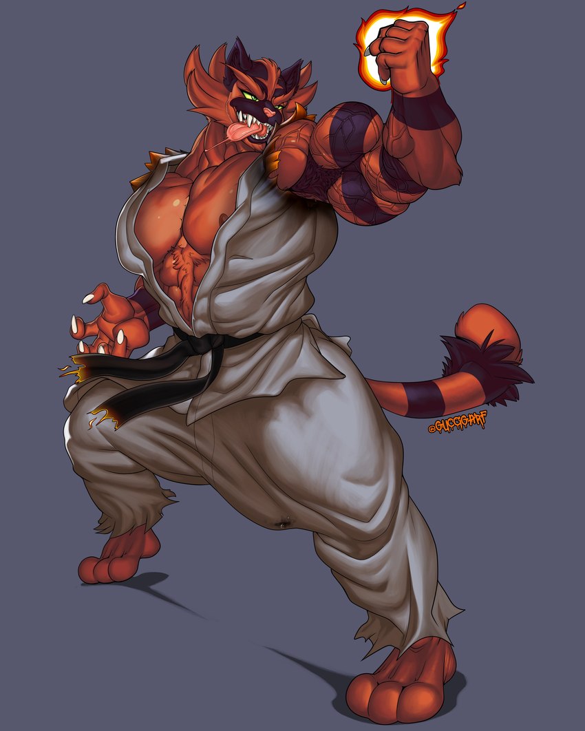 5_fingers abs anthro armpit_hair bodily_fluids body_hair claws dripping fingers flexing flexing_bicep male muscular muscular_male open_mouth pecs sharp_teeth solo teeth tongue tongue_out guccigarf nintendo pokemon felid feline generation_7_pokemon incineroar mammal pokemon_(species) absurd_res hi_res