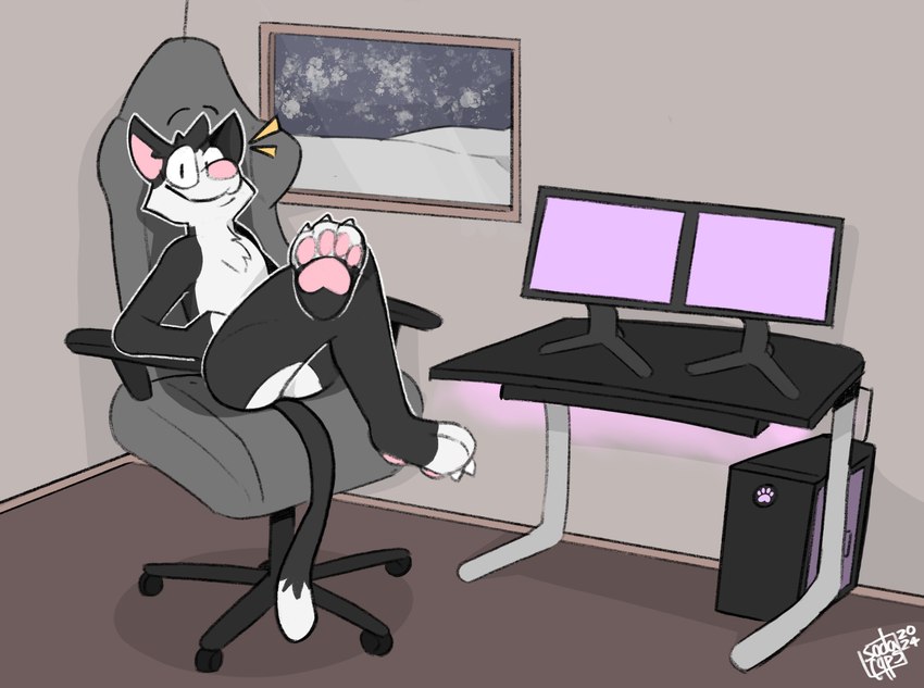 anthro black_body black_fur chair chest_tuft claws computer computer_monitor countershade_toes desk dipstick_tail electronics framed_picture fur furniture gaming_chair inside looking_at_viewer male markings multicolored_body multicolored_fur on_chair pawpads paws pink_inner_ear pink_nose pink_pawpads sitting sitting_on_chair smile solo table tail tail_markings tuft white_body white_fur sodacaps domestic_cat felid feline felis mammal 2024 absurd_res hi_res