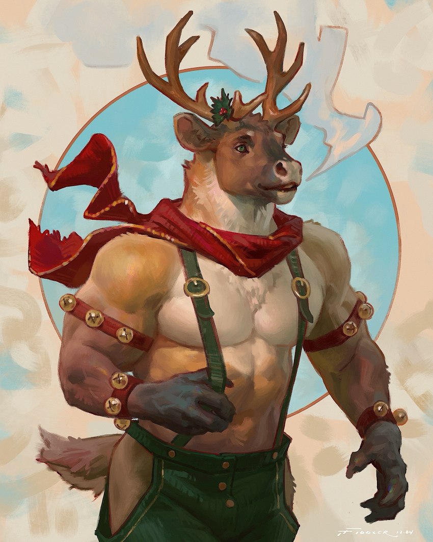 abstract_background anthro antlers bell biceps biped breath brown_body brown_fur button_(fastener) chest_tuft christmas_clothing clothed clothing clothing_pull fur green_clothing green_eyes holidays horn jingle_bell male mistletoe muscular muscular_male open_mouth overalls pecs plant red_clothing scarf shirtless_male smile solo standing suspenders tail topless tuft white_body white_fur taran_fiddler christmas cervine deer mammal new_world_deer reindeer 2024 4:5 dated detailed digital_media_(artwork) hi_res portrait signature