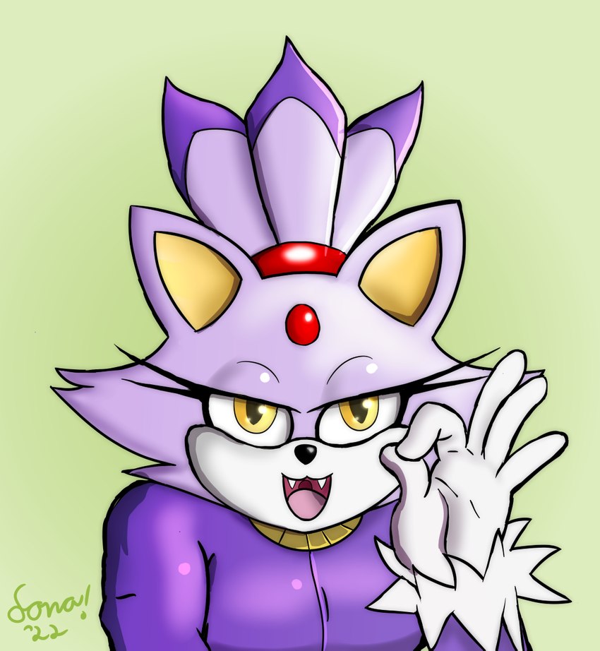 5_fingers bindi clothed clothing cute_fangs eyelashes female fingers front_view gesture hand_gesture looking_at_viewer ok_sign open_mouth purple_body red_bindi smug solo topwear voice_actor_joke sonomatic sega sonic_the_hedgehog_(series) blaze_the_cat domestic_cat felid feline felis mammal 2022