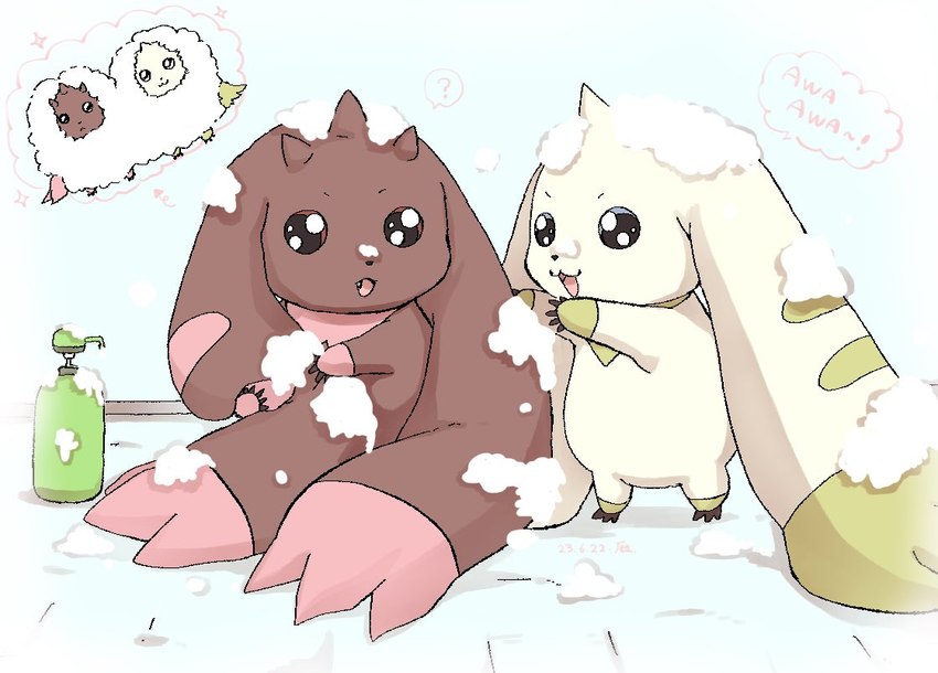 anthro bathing beady_eyes brown_body brown_fur bubble chibi duo fur horn long_ears shampoo white_body white_fur feng_efu bandai_namco digimon digimon_(species) lopmon terriermon