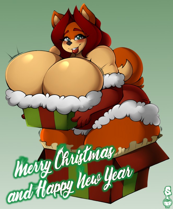 anthro big_breasts box breasts cleavage clothed clothing container female gift holidays huge_breasts looking_at_viewer mature_anthro mature_female self_in_a_box solo text thick_thighs tits_in_a_box superix christmas mama_maria canid canine canis domestic_dog mammal absurd_res hi_res