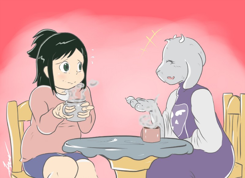 anthro beverage black_hair blush coffee container cup duo eyes_closed female food fur furniture green_eyes hair horn mature_anthro mature_female simple_background sitting slightly_chubby smile steam table white_body white_fur bxdraws my_hero_academia undertale undertale_(series) inko_midoriya toriel boss_monster_(undertale) bovid caprine human mammal crossover