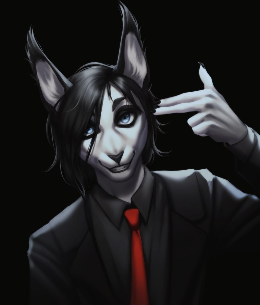 5_fingers alternative_fashion anthro black_body black_clothing black_ears black_fur black_hair black_nose blazer blue_eyes claws clothed clothing coat ear_markings eye_markings eyebrows finger_claws finger_gun finger_gun_to_head fingers fully_clothed fully_clothed_anthro fully_clothed_male fur gesture goth grey_arms grey_body grey_fur grey_hands grey_markings hair hand_gesture inner_ear_fluff long_hair male markings necktie playful red_necktie shirt simple_background skinny slim slim_anthro slim_male small_waist smile solo standing suit teeth topwear tuft white_arms white_body white_fur flyfiehel eric_martins mammal rodent sciurid tree_squirrel colored digital_drawing_(artwork) digital_media_(artwork) hi_res portrait