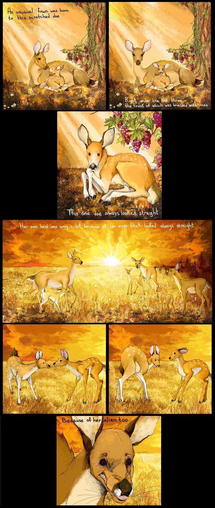 detailed_background female feral grapevine group light male male/female oak_tree plant sunlight text tree young jeffusherb binocular_doe scratched_doe deer mammal absurd_res comic digital_media_(artwork) english_text hi_res