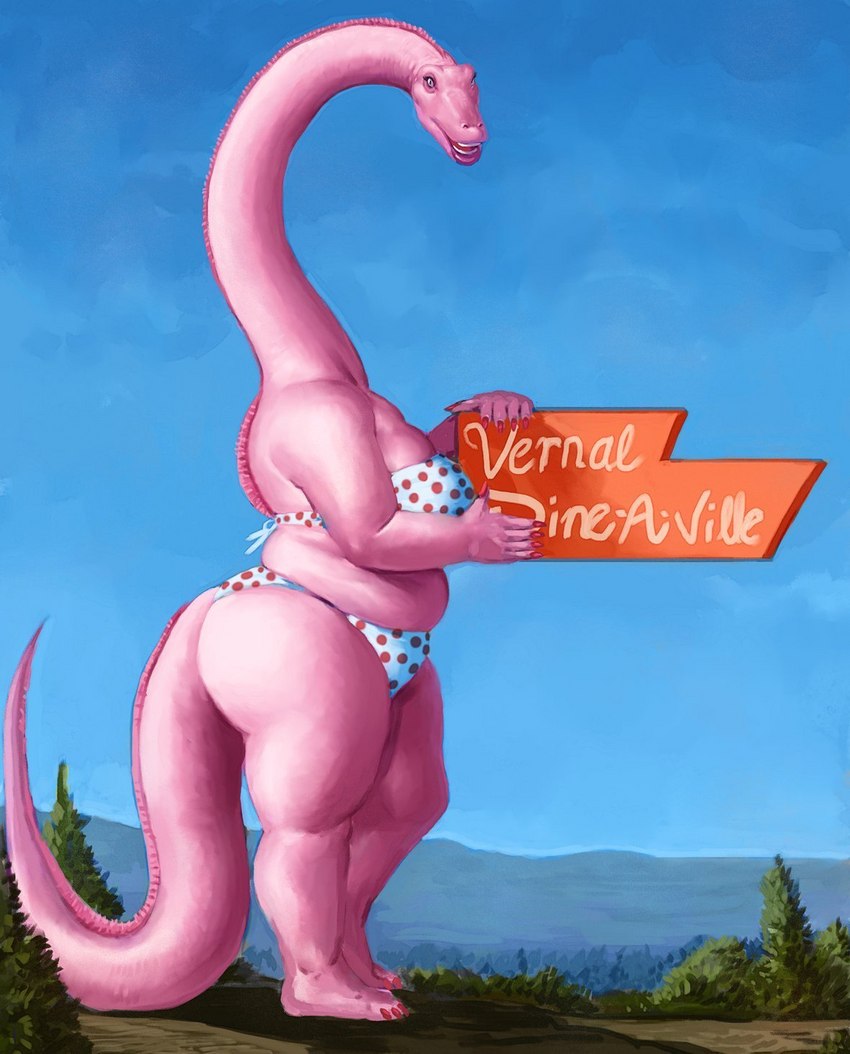 anthro belly big_breasts big_butt big_tail bikini blue_sky breasts butt clothing colored_nails curvy_figure eyelashes female holding_object landscape_background lips long_neck looking_at_viewer macro nails overweight pink_body pink_nails pink_scales plant polka_dot_bikini pose scales side_view sign sky smile smiling_at_viewer solo swimwear tail thick_calves thick_lips thick_thighs tree two-piece_swimsuit dyna_soar ssohardd dinosaur diplodocid diplodocus prehistoric_species reptile sauropod sauropodomorph scalie digital_media_(artwork) digital_painting_(artwork) hi_res pinup