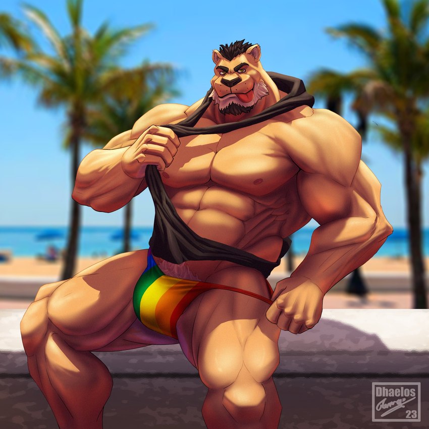 anthro beach biceps black_hair blue_sky clothed clothing deltoids facial_hair fur goatee hair hood lgbt_pride logo male multicolored_clothing multicolored_thong multicolored_underwear muscular muscular_thighs nipples obliques orange_body orange_fur palm_tree partially_clothed pecs plant pride_color_clothing pride_color_thong pride_color_underwear pride_colors pubes pulling_shirt pulling_thong rainbow_clothing rainbow_pride_colors rainbow_symbol rainbow_thong rainbow_underwear sea seaside sitting sitting_on_wall six-stripe_rainbow_pride_colors sky sleeveless_shirt solo sunny thong tongue tongue_out tree tugging_clothing underwear underwear_down wall_(structure) water dhaelos lgbt_pride_month dhaelos_(character) felid lion mammal pantherine 1:1 2023 artist_logo artist_name hi_res watermark