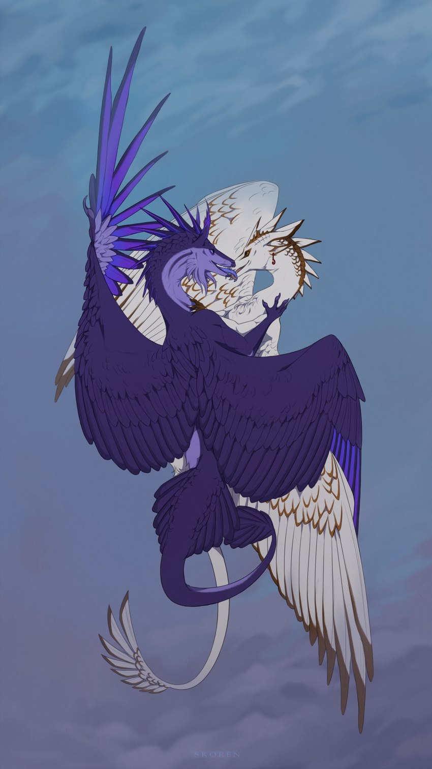 duo feathered_wings feathers female female/female feral fur kissing purple_body purple_feathers purple_fur purple_tongue tail tongue wings skoren mythology silma_(skoren) dragon furred_dragon furred_scalie mythological_creature mythological_scalie scalie absurd_res hi_res