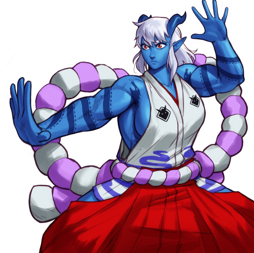 action_pose asian_clothing biceps blue_body blue_skin bottomwear breasts clothing cosplay deltoids east_asian_clothing female hair hakama horn humanoid_pointy_ears japanese_clothing muscular muscular_female not_furry pointy_ears pose red_eyes solo tattoo white_hair sotcho asian_mythology east_asian_mythology japanese_mythology mythology demon humanoid oni yokai 2022 absurd_res hi_res