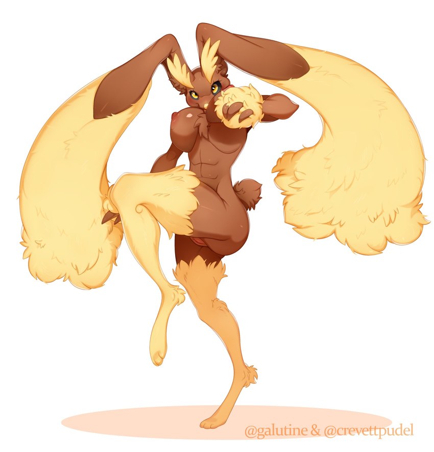 abs action_pose anthro anthrofied big_breasts big_ears black_sclera blush breasts brown_body brown_fur chest_tuft digitigrade female fluffy_ears fur genitals nude pose pussy simple_background solo tuft white_background yellow_body yellow_eyes yellow_fur crevettpudel galutine nintendo pokemon generation_4_pokemon lopunny pokemon_(species) artist_collaboration hi_res