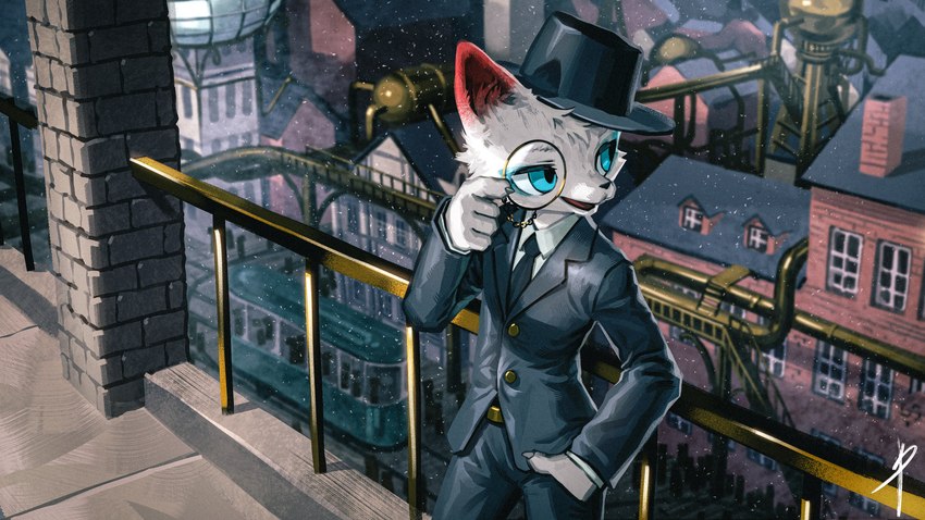 against_railing against_surface anthro black_necktie black_nose black_tie_(suit) blue_eyes building chimney city claws clothed clothing day detailed_background eyewear front_view fully_clothed fur grey_claws hand_in_pocket hat headgear headwear high-angle_view high_place looking_back male male_anthro male_focus monocle necktie open_mouth outside pockets public_transportation rail_transit railing silhouette solo_focus standing suit suit_jacket top_hat tram urban_rail_transit vehicle water_tower white_body white_fur blaedic magician_fox canid canine fox mammal 16:9 2022 absurd_res hi_res widescreen