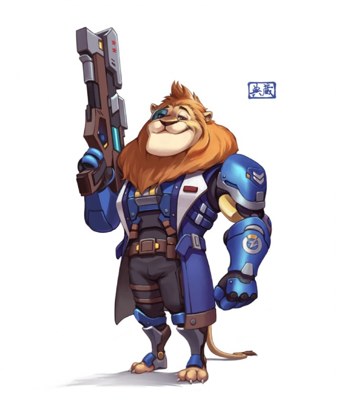 anthro armor clothed clothing cosplay crossover_cosplay fully_clothed fur gun head_tuft holding_gun holding_object holding_ranged_weapon holding_weapon mane ranged_weapon simple_background solo tan_body tan_fur tuft weapon white_background bei_ju_luoxuan_wan disney zootopia leodore_lionheart soldier_76_(overwatch) felid lion mammal pantherine 2017 crossover hi_res