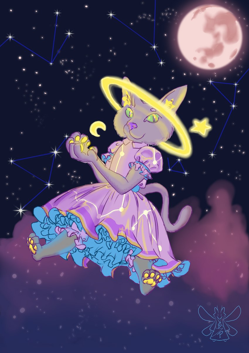 alternative_fashion clothing cosmic dress female floating frilly glowing j-fashion lolita_(fashion) moon pawpads paws solo star sweet_lolita yellow_pawpads eukayoticprokaryote draw_this_in_your_style domestic_cat felid feline felis mammal absurd_res hi_res