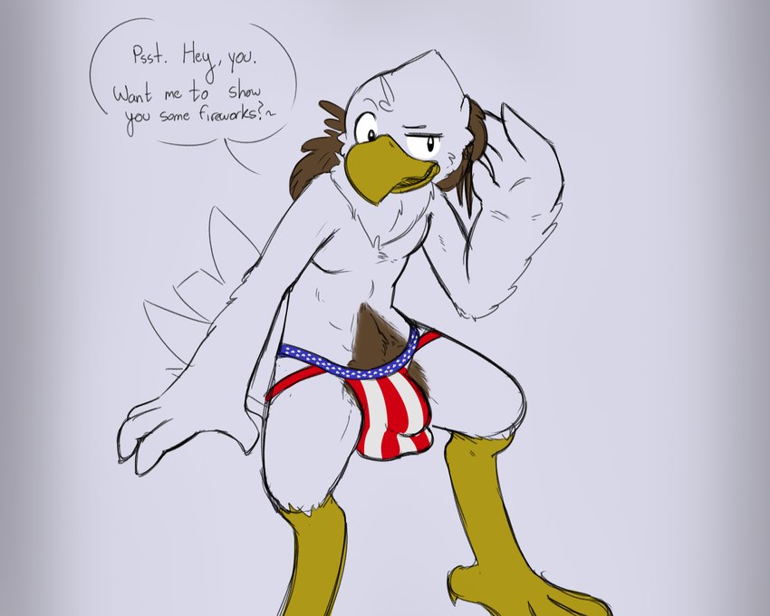 american_flag beak big_bulge blue_clothing blue_underwear brown_body brown_feathers bulge clothed clothing dialogue feathers feet flag jockstrap male multicolored_clothing multicolored_underwear partially_clothed red_clothing red_underwear solo speech_bubble talons text toes underwear united_states_of_america white_body white_clothing white_feathers white_underwear ferrissimulator haywood accipitrid accipitriform avian bird eagle 5:4 digital_drawing_(artwork) digital_media_(artwork) flat_colors handwritten_text hi_res restricted_palette