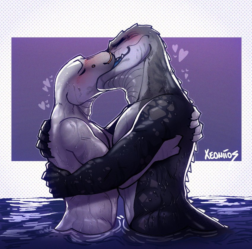 anthro back_ridge black_body black_scales blush duo eyes_closed facial_piercing grey_body grey_scales hand_on_back heart_symbol hug kissing male male/male nose_piercing nose_ring nude partially_submerged passionate_kiss piercing ring_piercing scales tail tail_ridge water wet wet_body wet_scales white_body white_scales xeoniios caius lizard reptile scalie 2020 digital_media_(artwork) hi_res signature