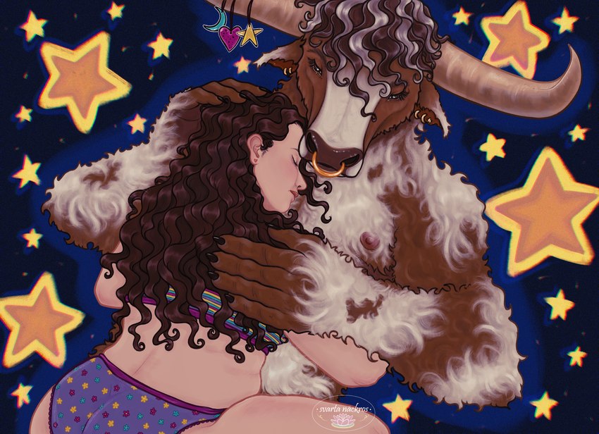 anthro bra clothed clothing cuddling curled_hair duo female hair hug male male/female muscular muscular_male nipples panties partially_clothed romantic romantic_couple sleeping sleeping_together slightly_chubby slightly_chubby_female underwear svarta_nackros european_mythology greek_mythology mythology bovid bovine human mammal minotaur monster absurd_res hi_res