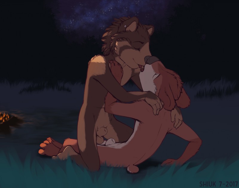 adolescent animal_genitalia anthro arm_support balls brown_body brown_fur campfire duo eyes_closed fully_sheathed fur genitals kissing kneeling legs_together male male/male male_on_bottom male_on_top night nose_to_nose nude on_bottom on_top outside reclining romantic romantic_couple sheath sky star starry_sky straddling tasteful_nudity tongue tongue_out young shiuk justin_turner theodore_cooper bear canid canine canis domestic_dog mammal 2017 hi_res