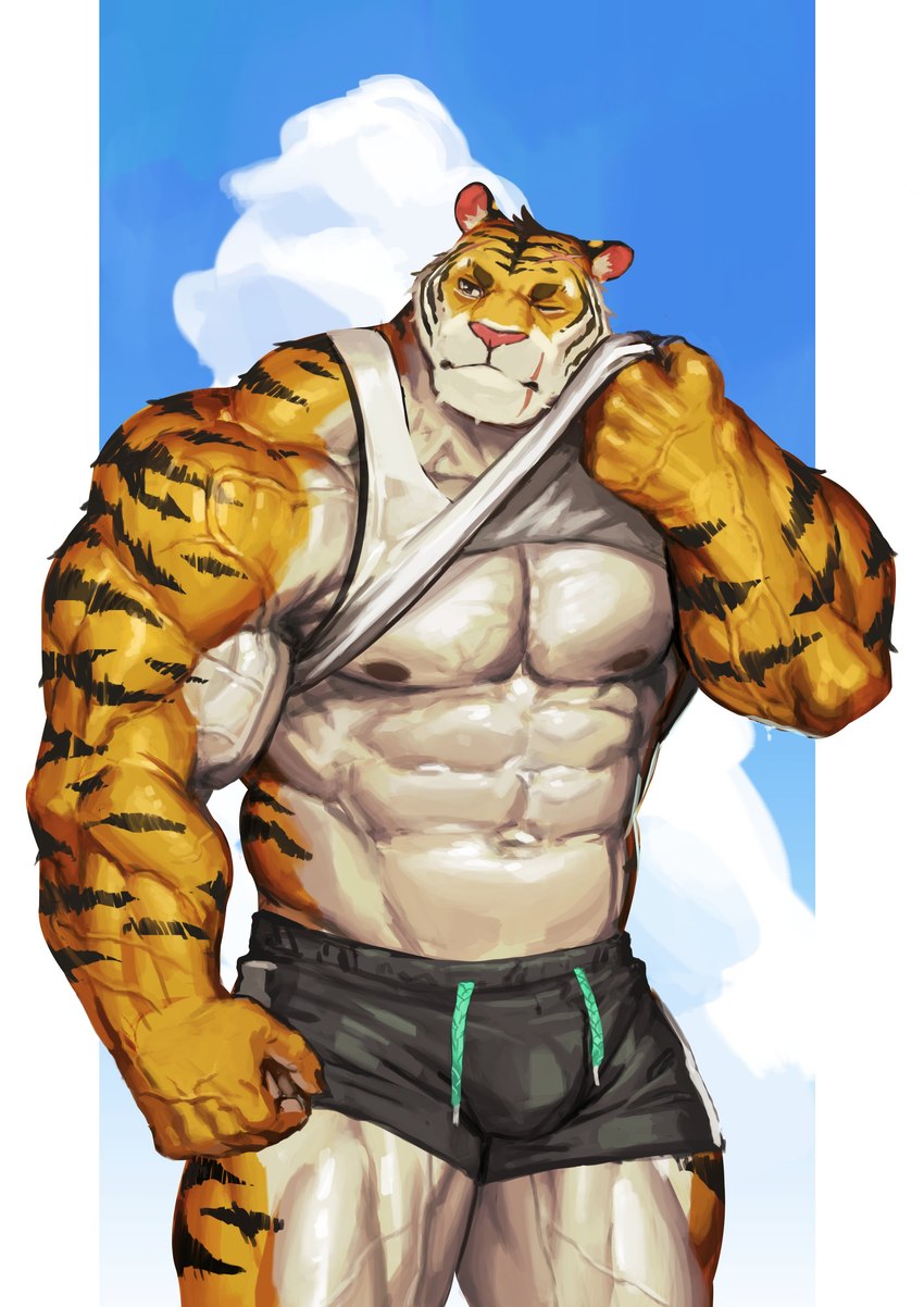 abs anthro biceps big_muscles black_body black_fur bulge clothed clothing fur huge_muscles male muscular muscular_anthro muscular_male nipples orange_body orange_fur pink_nose scar solo striped_body striped_fur stripes vein veiny_muscles white_body white_fur traver009 coach_ho felid mammal pantherine tiger 2021 absurd_res digital_media_(artwork) hi_res