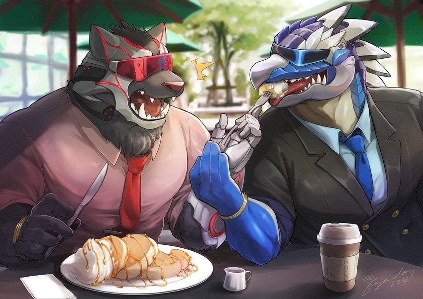 anthro beverage clothing coffee cutlery cybernetic_face date duo eating fangs feeding feeding_each_other food fork furniture kitchen_utensils knife male neck_tuft necktie open_mouth outside pancake park suit surprise table teeth three_piece_suit tools tuft umbrella visor fuyoudo624 lifewonders tokyo_afterschool_summoners fire_mobster water_mobster alligator alligatorid crocodilian felid mammal pantherine reptile scalie hi_res