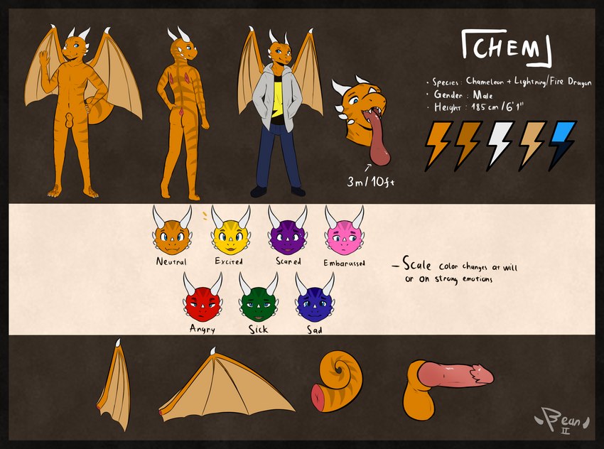 animal_genitalia anthro blue_eyes chameleon_tail cheek_horn color_change dragon_wings facial_horn fully_sheathed genitals horn long_tongue male nose_horn orange_body orange_scales penis prehensile_tail scales sheath solo tail text tongue wings beanii mythology chem_(dragon_chem) chameleon dragon hybrid lizard mythological_creature mythological_scalie reptile scalie english_text hi_res model_sheet