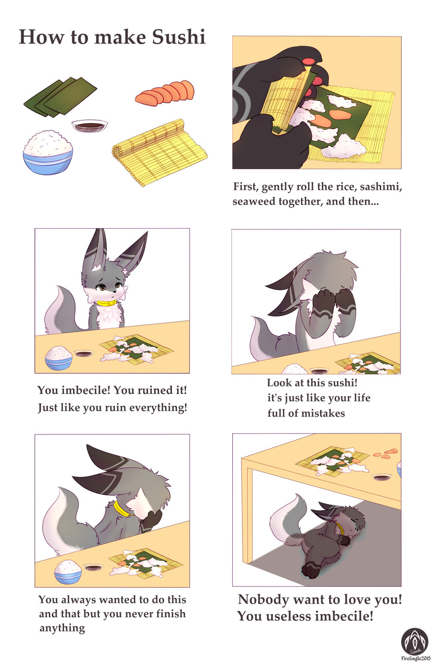 ambiguous_gender anthro bodily_fluids cheek_tuft chest_tuft collar comic_panel cooking covering covering_face depression facial_tuft fish_meat food fur furniture grey_body grey_fur head_tuft inner_ear_fluff lying meat on_side pawpads rice sad sashimi seaweed semi-anthro simple_background solo soy_sauce standing sushi table tears text tuft under_table white_background senz sean_(senz) iradeon absurd_res comic english_text hi_res meme