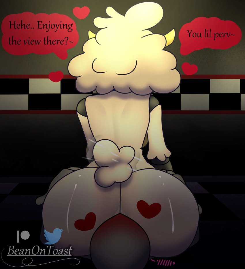 anthro big_butt blush breasts bubble_butt butt curvy_figure detailed_background dialogue duo facesitting female fluffy fluffy_tail glistening glistening_butt hair heart_symbol hearts_around_head huge_butt inside machine male male/female multicolored_body nude patreon_logo segmented_arms short_tail sitting_on_another tail tail_motion tailwag text twitter_logo two_tone_body white_body white_hair wide_hips yellow_body beanontoast patreon the_walten_files twitter sha_(twf) animatronic bovid caprine mammal robot sheep 2023 absurd_res artist_name digital_drawing_(artwork) digital_media_(artwork) english_text hi_res watermark