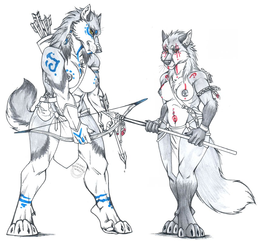 anthro arrows bottomwear bow_(weapon) breasts clothed clothing duo feathers female knife loincloth lupis melee_weapon muscular muscular_female nipples paint polearm primal primitive ranged_weapon spear topless tribal weapon thehuntingwolf canid canine canis fox mammal wolf absurd_res hi_res