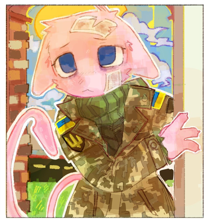 anthro bandage bandage_on_cheek bandage_on_face bandage_on_head bandaged_head blue_eyes blue_sky border brick_wall camo camo_clothing camo_jacket camo_print claws clothed clothing cloud day detailed_background digital_camouflage ears_down eye_bags female finger_claws flag frown fur grass green_clothing green_jacket green_sweater green_topwear green_turtleneck jacket military military_clothing military_jacket military_uniform outline outside pattern_clothing pink_body pink_fur pivoted_ears plant pokemorph road sad sky solo sun sweater tail topwear turtleneck ukrainian_flag uniform wall_(structure) white_border white_outline dogmasque9999 nintendo pokemon mariana_(radix) generation_1_pokemon legendary_pokemon mew_(pokemon) pokemon_(species) 2025 adobe_photoshop_(artwork) digital_media_(artwork) hi_res shaded