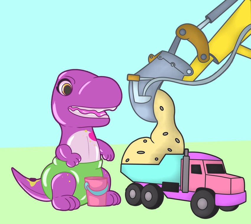 anthro backhoe_(vehicle) bucket clean_diaper clothed clothing container diaper dirt dumping excavator inflatable male open_mouth pool_toy solo wearing_diaper mouffetter dumptruck zoran animate_inanimate dinosaur living_inflatable prehistoric_species reptile scalie theropod tyrannosaurid tyrannosauroid tyrannosaurus tyrannosaurus_rex