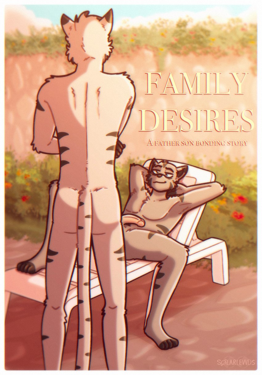 age_difference anthro bedroom_eyes butt duo flaccid flirting fur fur_markings genitals grey_body grey_fur hair half-closed_eyes humanoid_genitalia humanoid_penis lawn_chair male male/male markings narrowed_eyes nude penis plant poster_design seductive shrub smile tail text solarlewds jinx_(solarlewds) simon_(solarlewds) domestic_cat felid feline felis mammal cover cover_art cover_page digital_media_(artwork) english_text hi_res father_(lore) father_and_child_(lore) father_and_son_(lore) incest_(lore) parent_(lore) parent_and_child_(lore) parent_and_son_(lore) son_(lore)